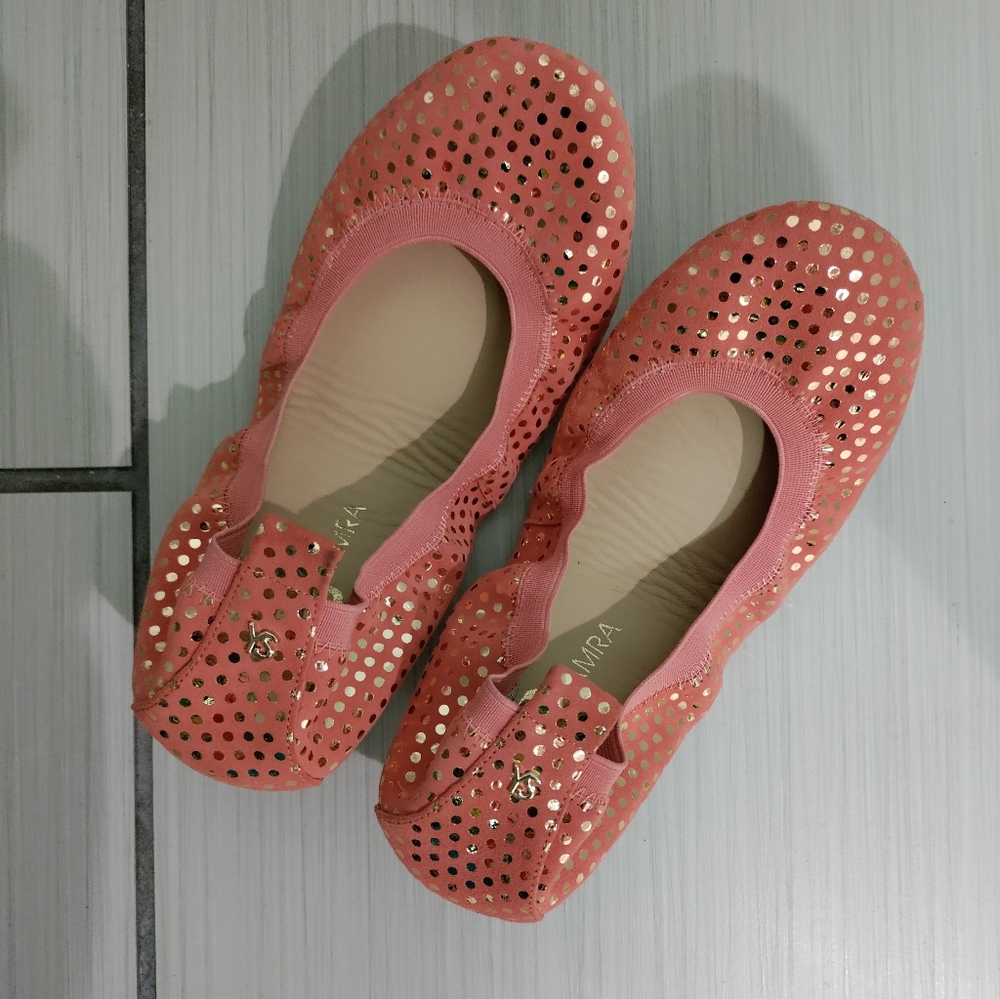 🆕Yosi Samra | Samara Coral & Gold Polka Dot Suede Ballet Flats Womens Size 6
